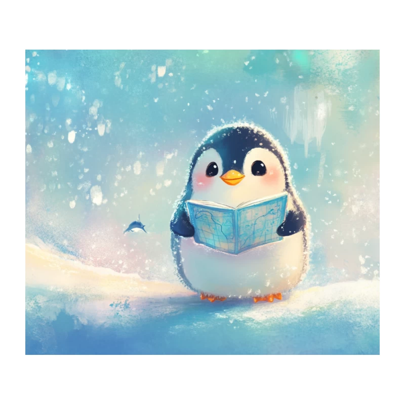 Cute Penguin Reading Book in Snowy Winter Illustration Tapestry