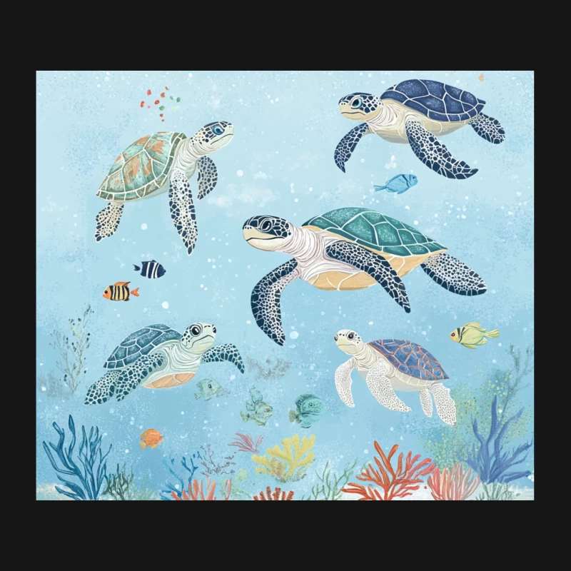 Whimsical Sea Turtle Illustration in Vibrant Coral Reef Mouse Pad