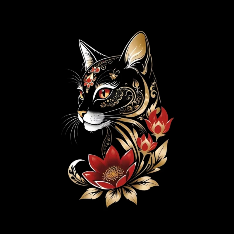 Decorative Black Cat with Flowers Pin