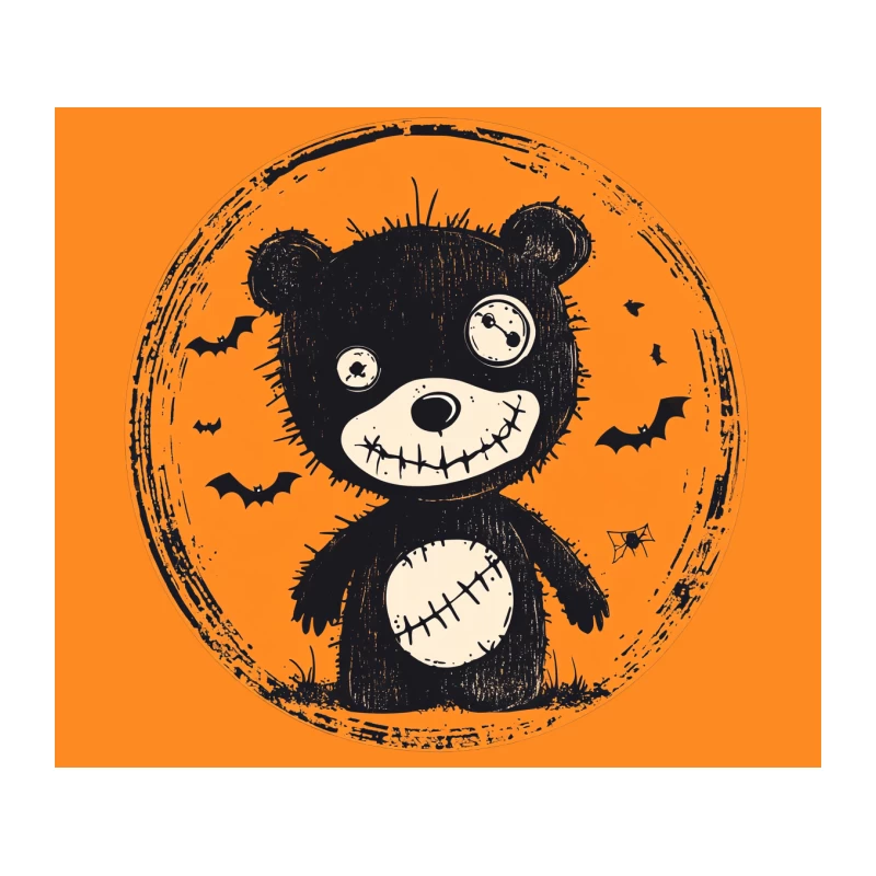 Spooky Halloween Teddy Bear with Bats on Orange Background Tapestry