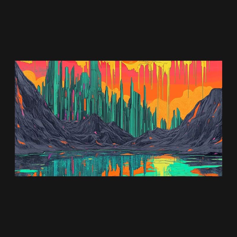 Psychedelic Neon Cityscape: Surreal Mountain Reflections at Vibrant Sunset Desk Mat