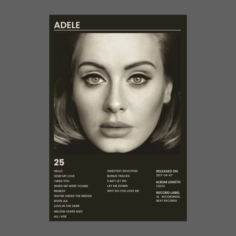 Adele's "25" Album Cover: Black and White Portrait with Tracklist Male Tank Top