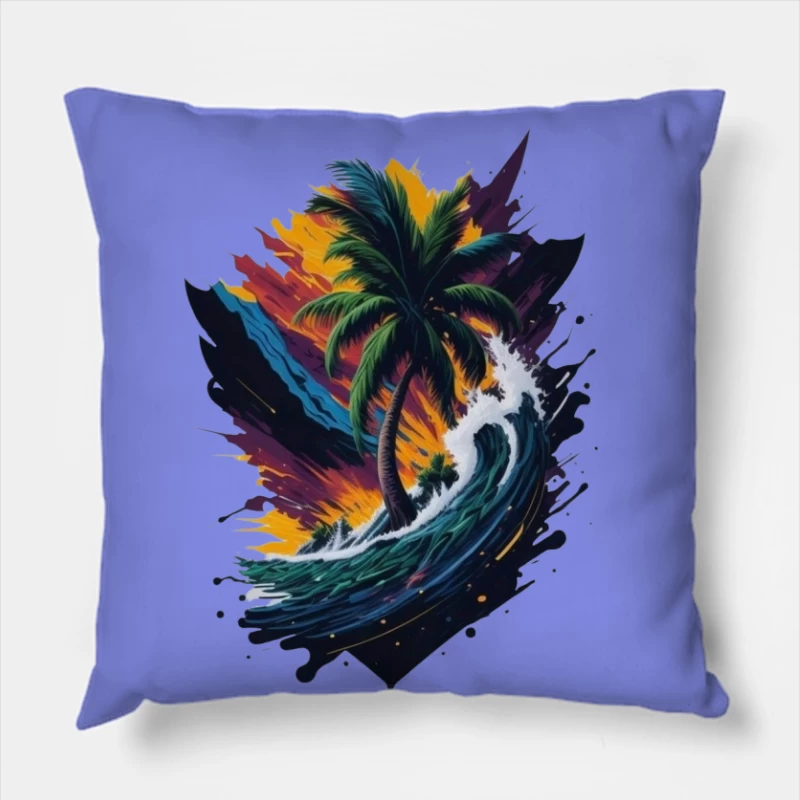 Tropical Sunset with Palm Tree and Ocean Waves Throw Pillow