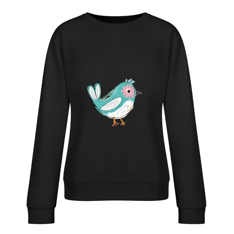 Whimsical Teal Bird Cartoon Illustration Female Pullover Sweatshirt