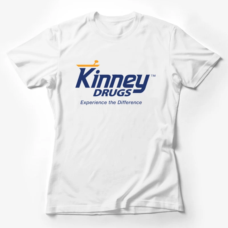 Kinney Drugs Pharmacy Logo with Blue Text and Orange Accent Female T-Shirt