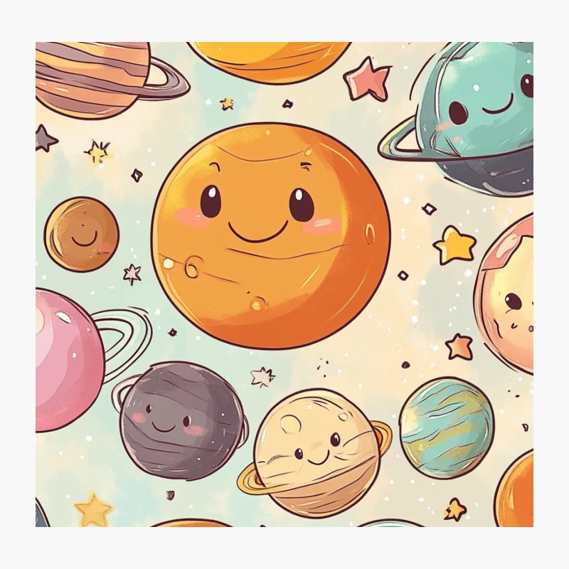 Cute Kawaii Planets and Stars in Solar System Illustration Throw Pillow