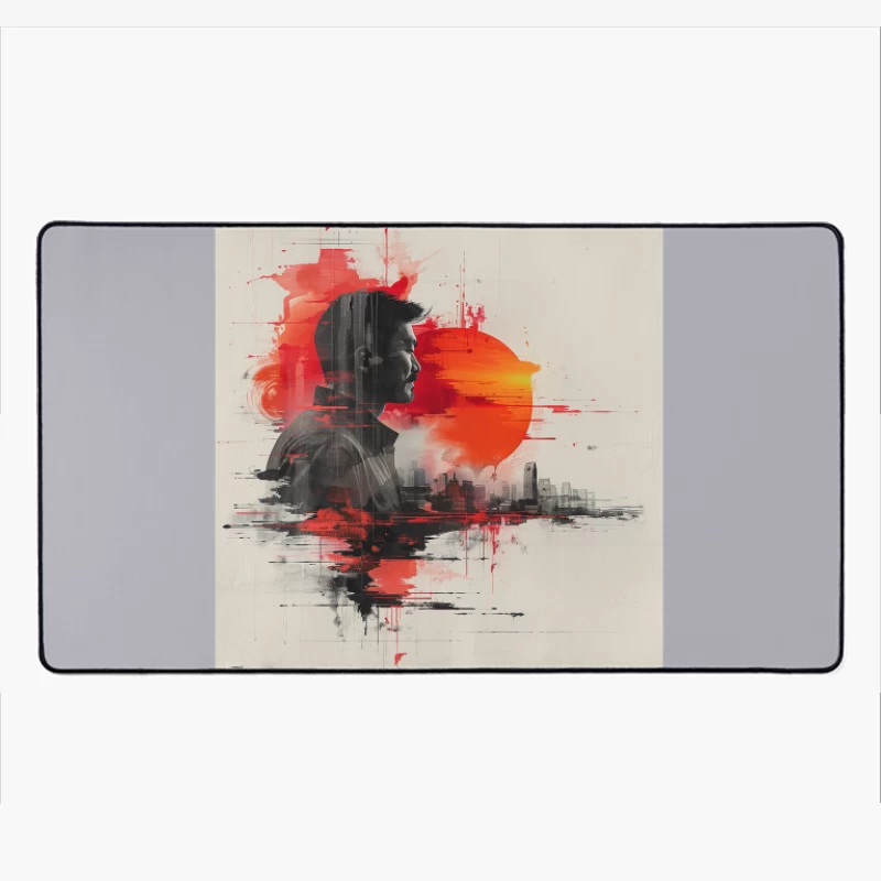 Urban Silhouette in Crimson Sunset Desk Mat