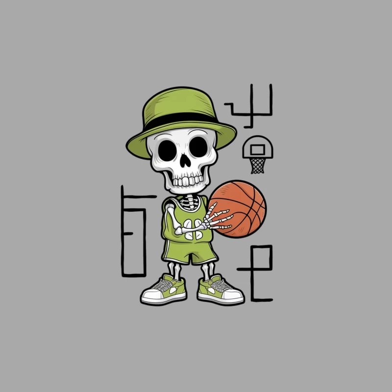 Cartoon Skeleton Basketball Player with Green Hat Character Illustration Female Pullover Hoodie