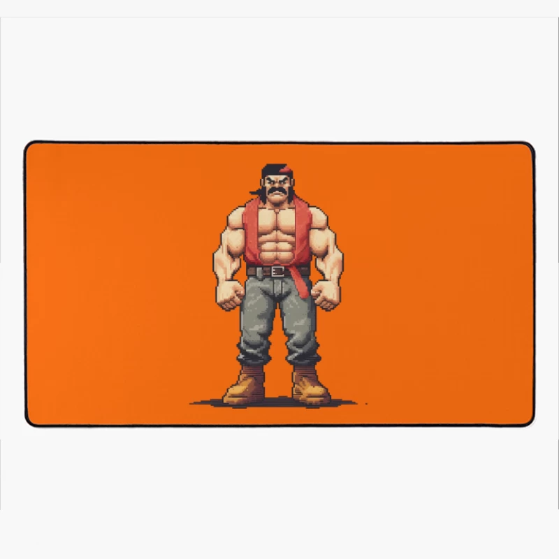 Retro Pixel Art Muscular Fighter in Red Vest Desk Mat