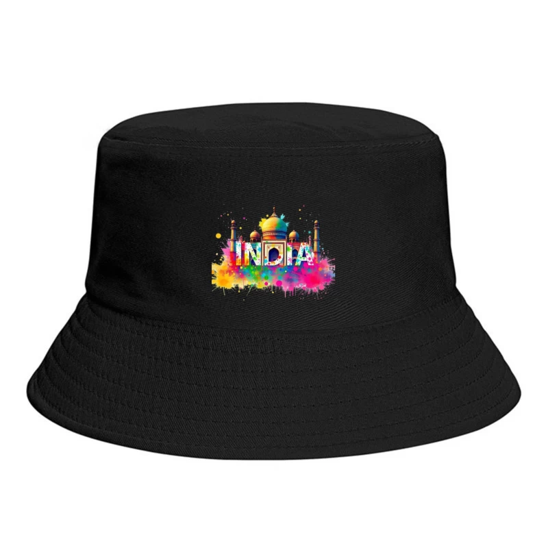 Vibrant Watercolor India Typography with Taj Mahal Silhouette Bucket Hat