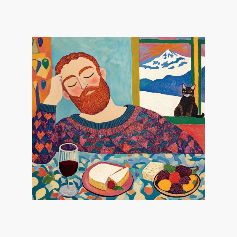 Colorful Painting of Bearded Man Enjoying Food and Wine with Cat and Mountain View Cotton Tote Bag