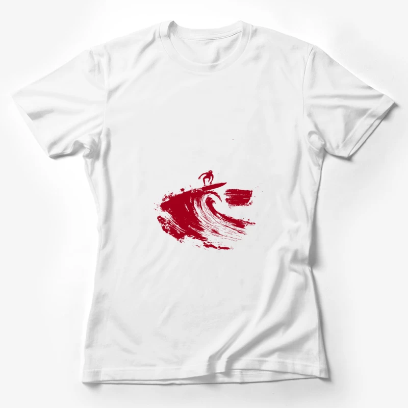 Red Minimalist Surfer Riding Ocean Wave Female T-Shirt