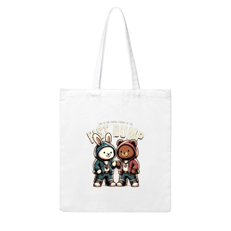 Cartoon Bunny and Bear Friends in Hip Hop Streetwear Sharing a Fist Bump Cotton Tote Bag