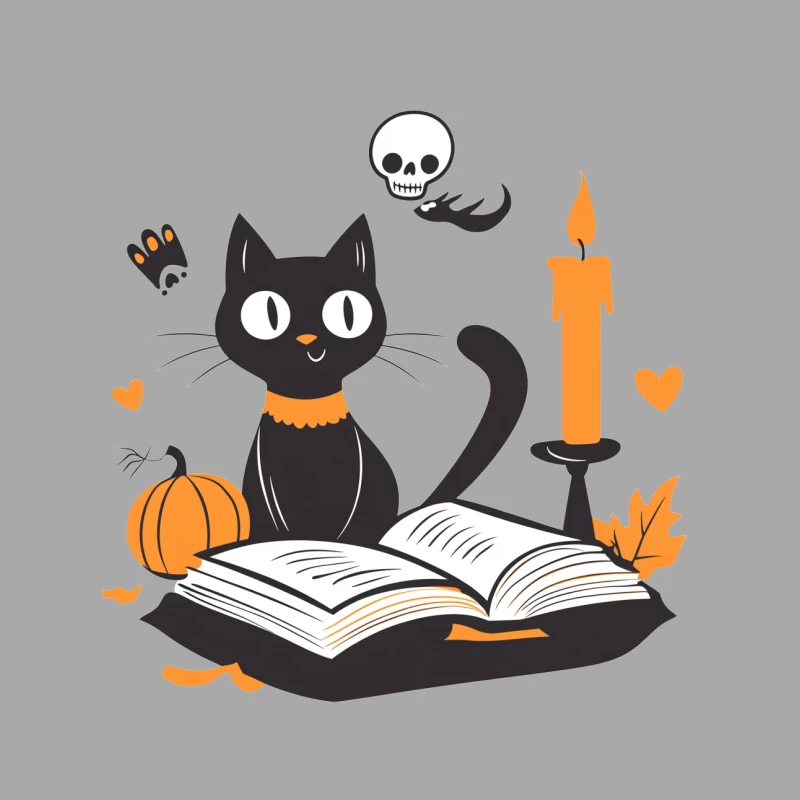 Cute Halloween Scene with Black Cat Reading Female Pullover Hoodie