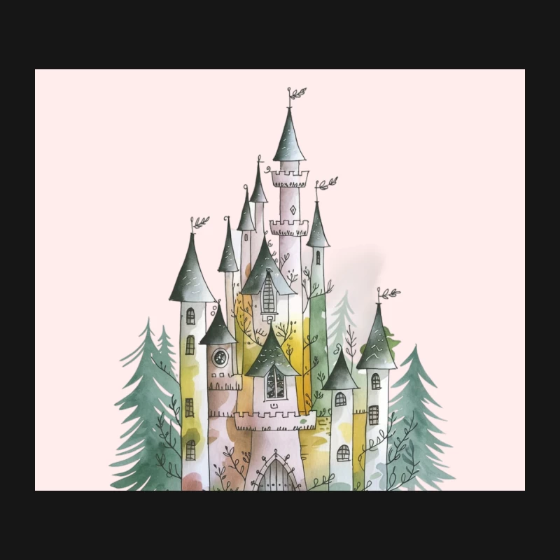 Watercolor Fantasy Castle in Pine Forest Mouse Pad