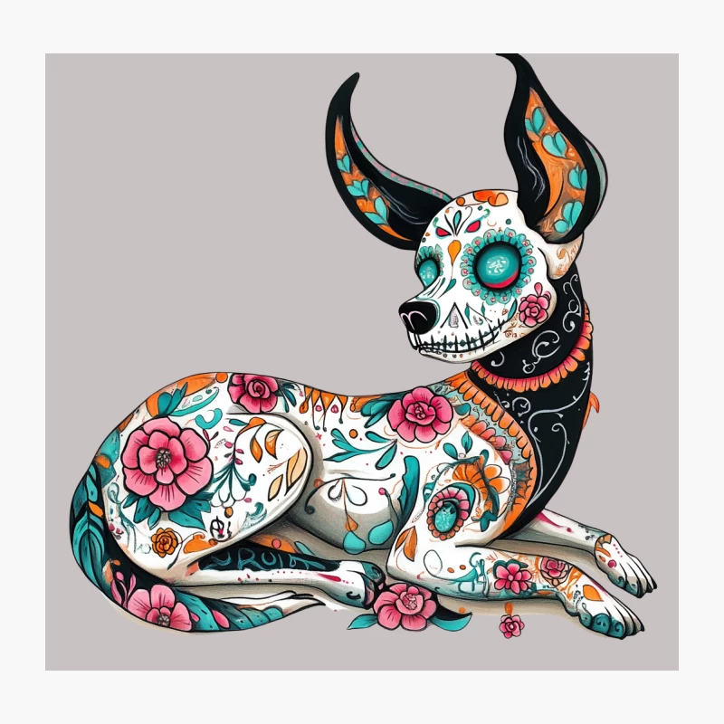Mexican Day of the Dead Chihuahua with Floral Sugar Skull Design Throw Pillow