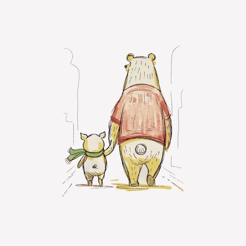 Cartoon Bear and Piglet Friends Walking Hand in Hand Female T-Shirt