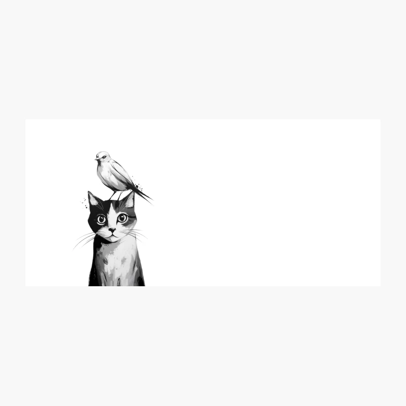 Whimsical Black and White Illustration of Cat with Bird Coffee Mug