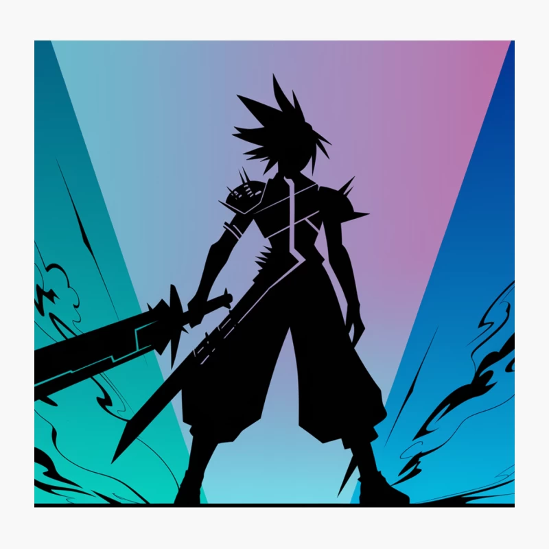 Anime Warrior Silhouette with Sword Against Vibrant Backdrop Throw Pillow