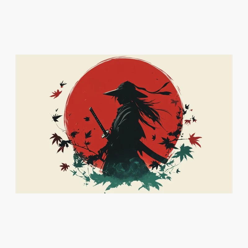 Silhouetted Samurai Warrior Against Red Sun with Falling Maple Leaves Travel Mug