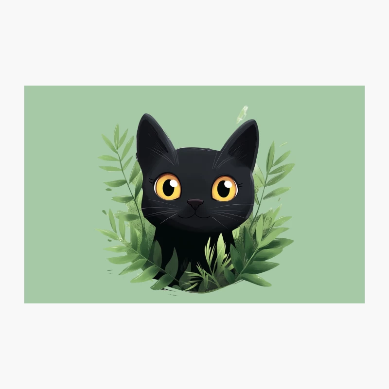 Adorable Black Cat Peering Through Green Leaves in Cartoon Style Travel Mug