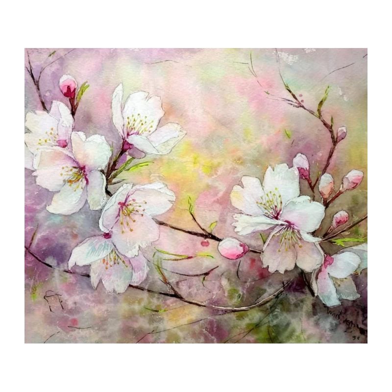 Delicate Cherry Blossoms: A Watercolor Spring Symphony Tapestry