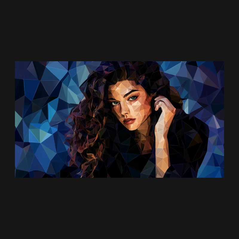 Mysterious Low Poly Portrait with Curls on Blue Geometric Background Desk Mat