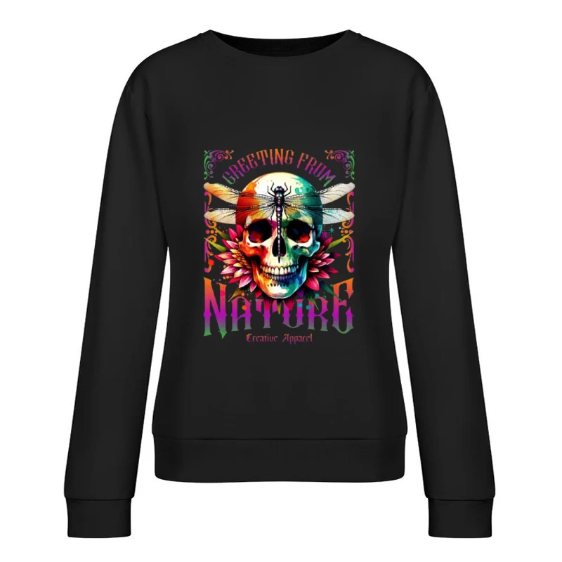 Rainbow Gothic Skull with Dragonfly and Floral Design - Nature Creative Apparel Female Pullover Sweatshirt