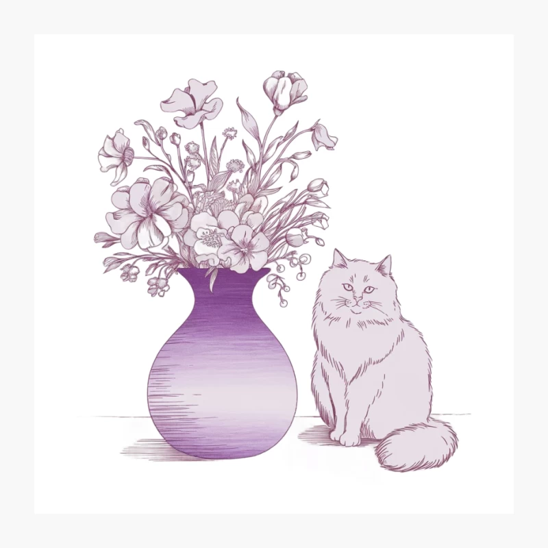 Artistic Illustration of Cat and Purple Vase with Flowers Pin