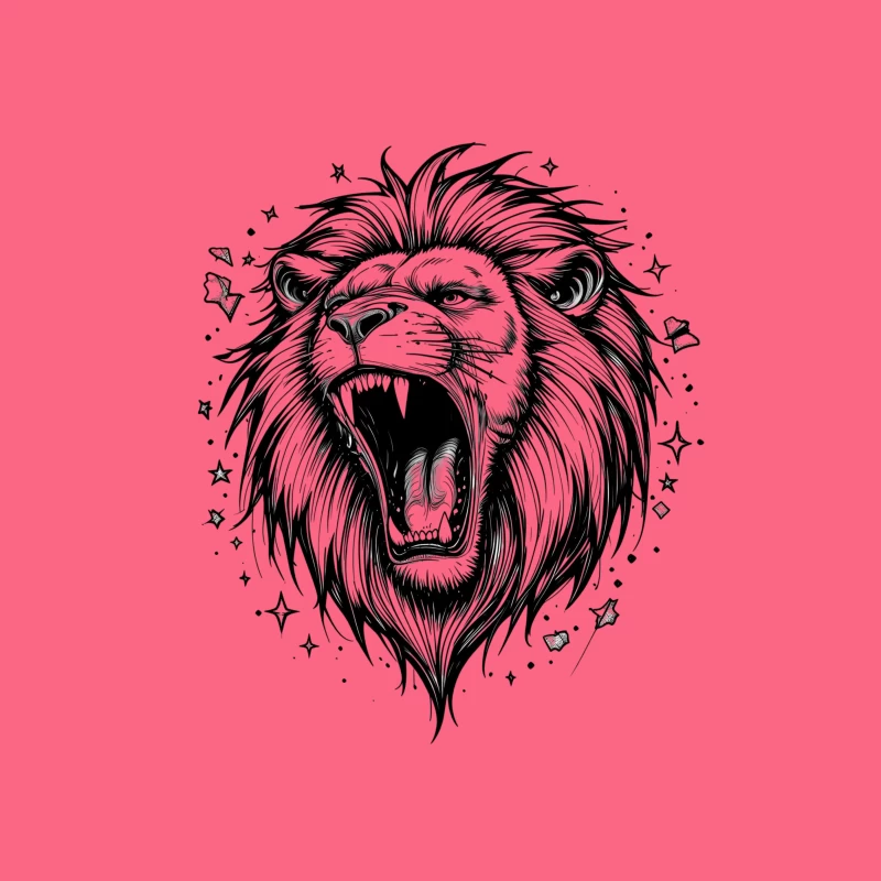 Detailed Roaring Lion Illustration in Black and White Tapestry