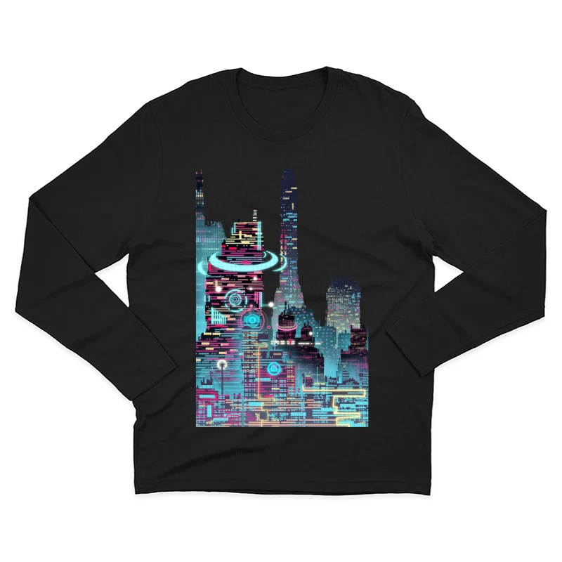 Futuristische Neon-Stadtansicht Herren Langarm T-Shirt