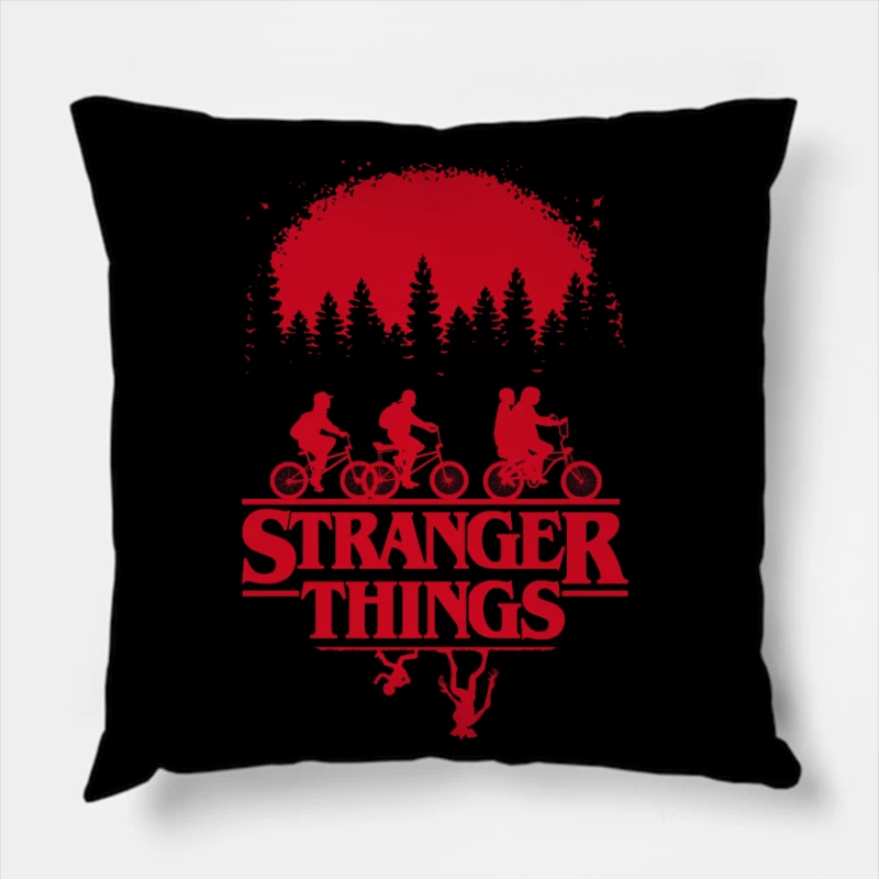 Stranger Things Red Silhouette Poster with Kids on Bikes Throw Pillow