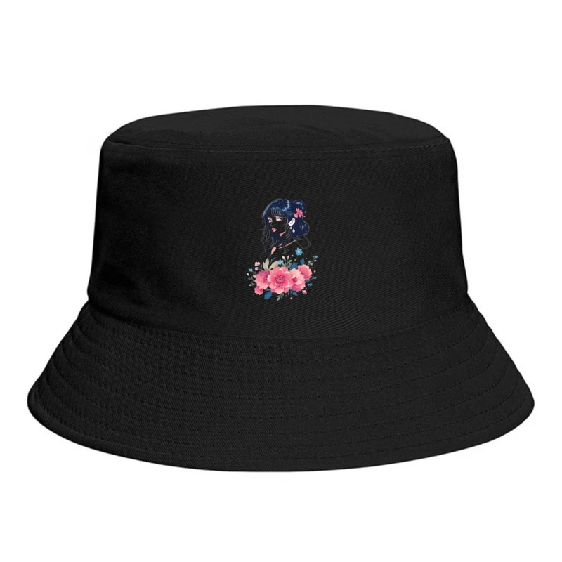 Elegant Anime Portrait with Pink Floral Arrangement Bucket Hat