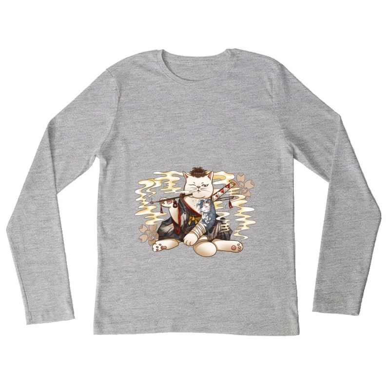 Samurai Katze mit Pfeife Damen Langarm T-Shirt