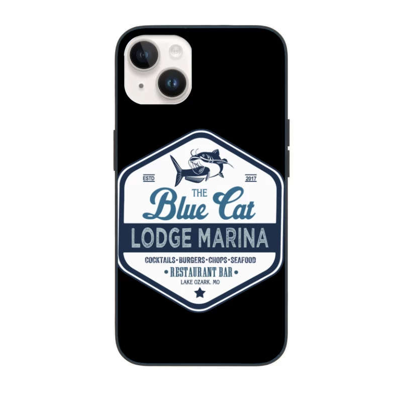 The Blue Cat Lodge Marina Restaurant and Bar - Vintage Nautical Logo Design iPhone Case