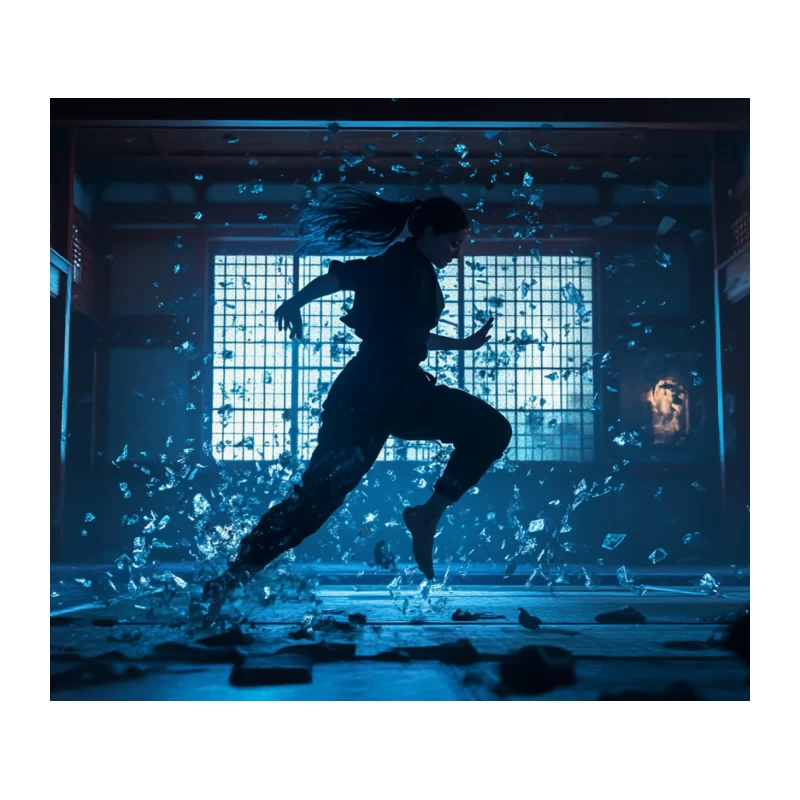 Dynamic Silhouette Running Through Shattered Glass in Cinematic Blue Light Tapestry