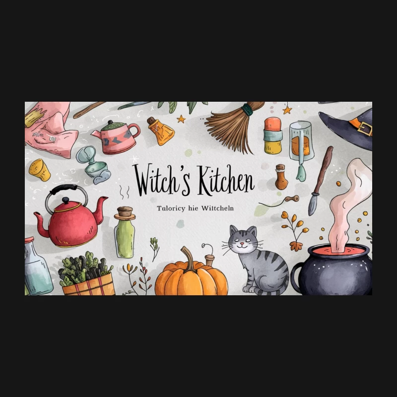 Enchanted Witch's Kitchen: Magical Objects and Feline Companion Desk Mat