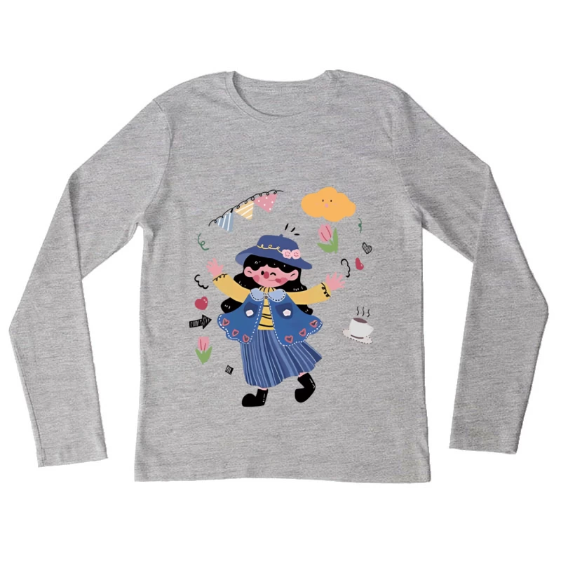 Fröhliches Mädchen im Garten Damen Langarm T-Shirt