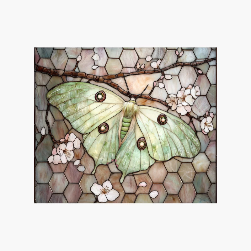 Luna Moth with Cherry Blossoms in Stained Glass Mosaic Cotton Tote Bag