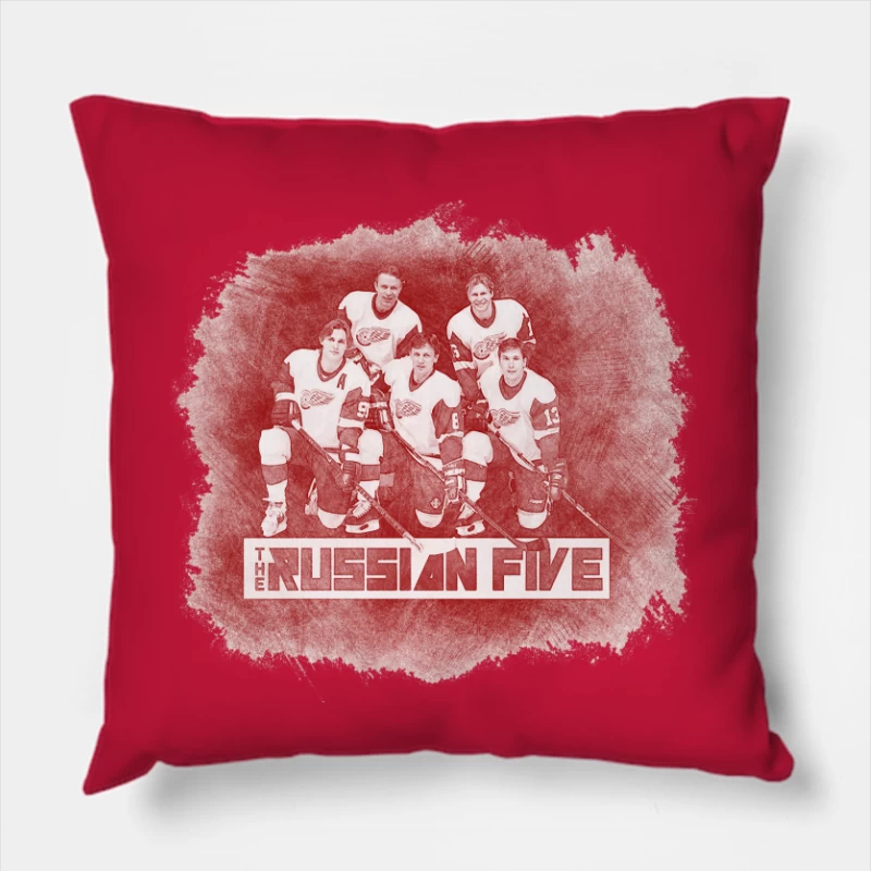 The Legendary Russian Five of Detroit Red Wings Hockey Team - Vintage Art Throw Pillow