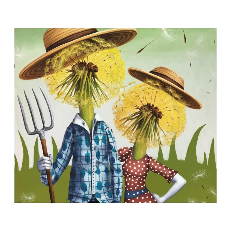 Whimsical Dandelion Farmers: A Surrealist Garden Scene Tapestry