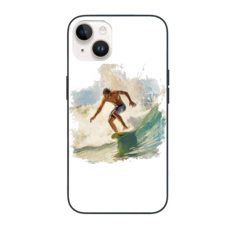 Dynamic Watercolor Surfer Riding Turquoise Wave iPhone Case