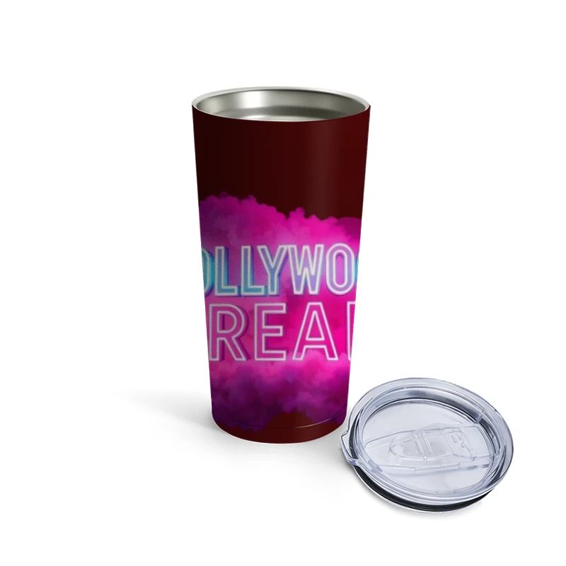 Neon Hollywood Dream Sign with Pink Cloud Background Travel Mug