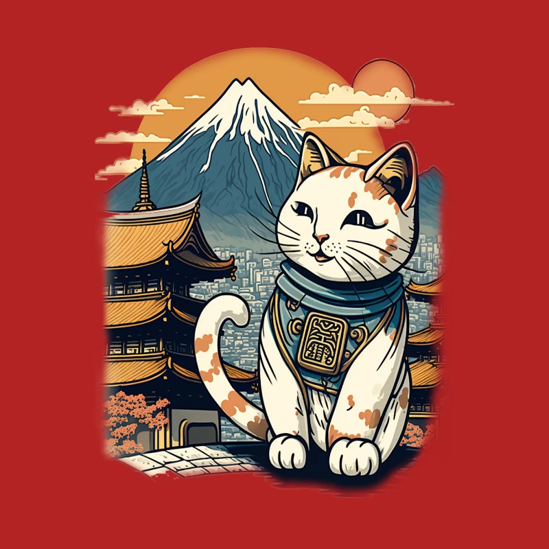 Japanese cat Mount Fuji pagoda lucky cat sunset oriental art Male T-Shirt