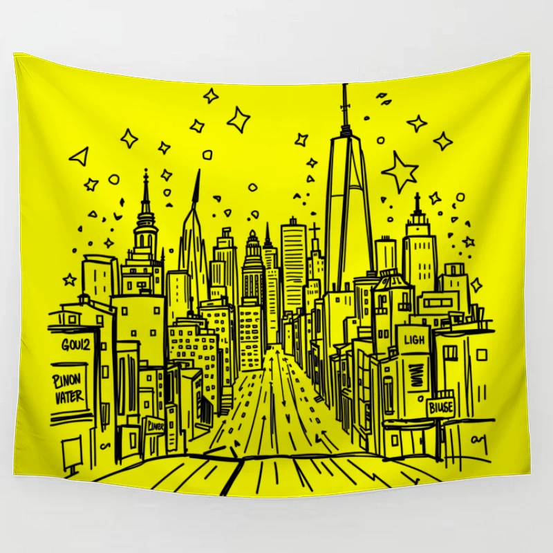 Urban Night Skyline Illustration Tapestry