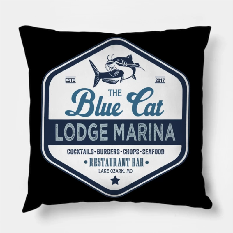 The Blue Cat Lodge Marina Restaurant and Bar - Vintage Nautical Logo Design Throw Pillow