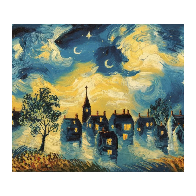 Starry Village Night: An Impressionist Landscape Tapestry
