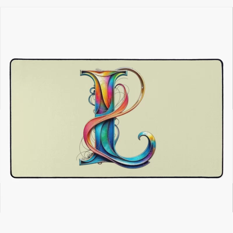 Ornate Rainbow Letter P with Decorative Swirls Desk Mat