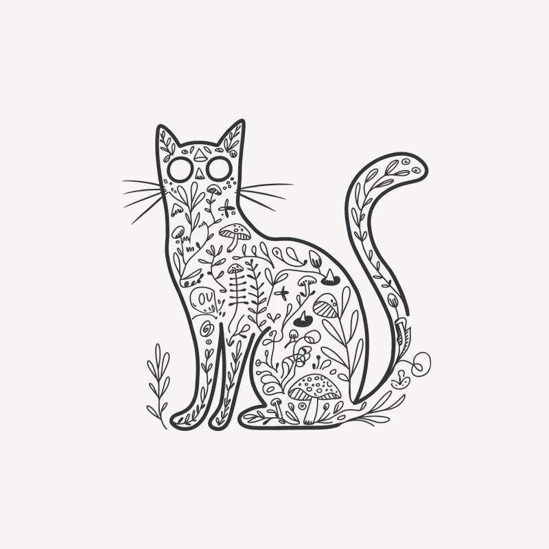 Whimsical Cat Illustration with Nature-Inspired Patterns Male T-Shirt