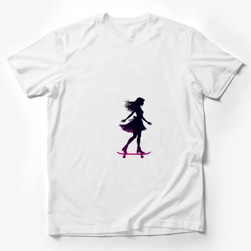 Graceful Feminine Skateboarding Silhouette in Purple Male T-Shirt